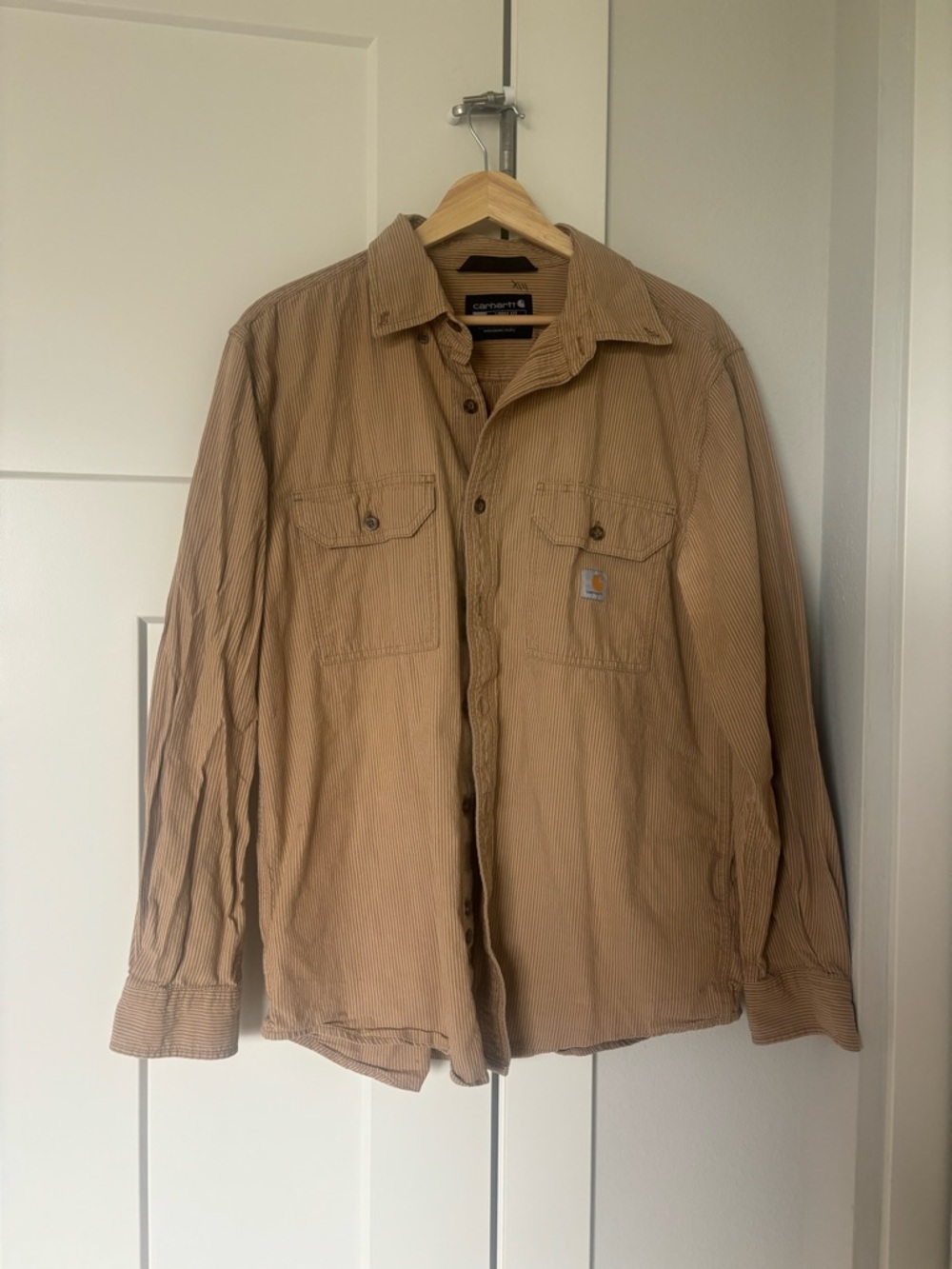Carhartt Pinstripe Tan Work Shirt